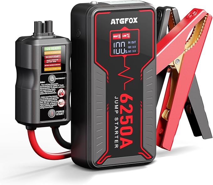 6250A Jump Starter Portable with Smart Clamp, ATGFOX 12V Car Battery Booster Pack for Trucks, up to 8.5L Gas/6.0L Diesel, Jump Box, 16000mAh Power Bank & Jumper Cables, Quick Charge