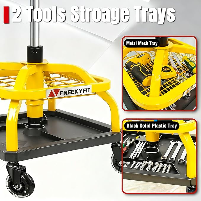 Rolling Shop Stool with Wheels, Garage Work Mechanic Stool with Backrest, Roller Mechanic Chair, Adjustable Height, 360° Swivel, Tool Tray Storage, 330 LBS Capacity, Heavy Duty, Yellow