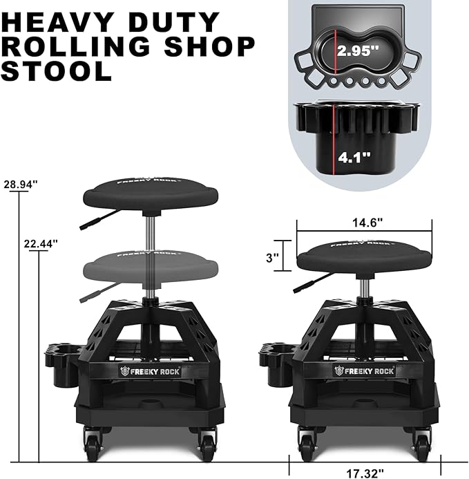 Rolling Shop Stool with Wheels, Heavy Duty Garage Work Mechanic Stool, Adjustable Height 22.44"-28.94", 360°Swivel Rolling Chair with Tool Tray Storage, 330 LBS Capacity, Black