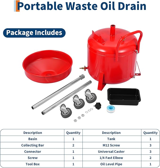8 Gallon Waste Oil Drain Tank Portable Air Operated Oil Drainer with Adjustable Funnel Height 28 to 62 Inches 15 Inch Funnel Fluid Fuel Transfer Drain Container with 360 Degree Wheels and Toolbox Red
