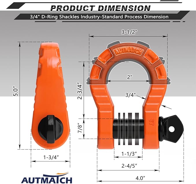 AUTMATCH D Ring Shackles 3/4" Mega Shackle (2 Pack) 68,000Ibs Break Strength - Heavy Duty Clevis Shackles with 7/8" Screw Pin and Isolator Washer for Tow Strap Winch Off Road Vehicle Recovery, Orange