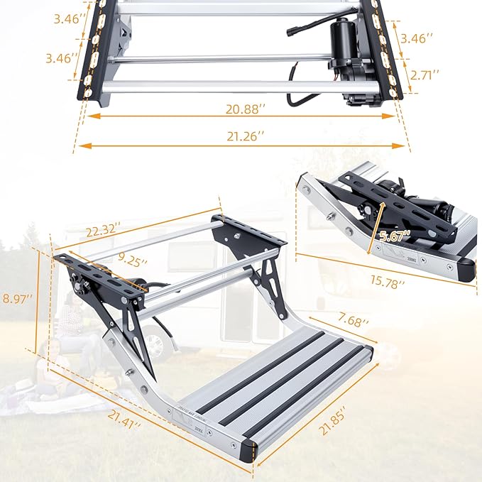 Electric Retractable RV Steps with LED Lighting, 400 LBS Load Capacity, Foldable Aluminum Alloy Camper Steps, Thickened Steel Plate Trailer Steps, Non-Slip Design, Ideal for RV, Trailer, Camper