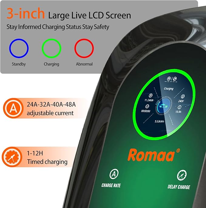 Level 2 EV Charger Hardwired 48 Amp J1772 Charger - 240V Home EV Charging Station - ETL Listed, FCC Part 15 - NEMA Type 4 IP66 - App WiFi Smart Display, 25 ft, 4.3 inch LCD, Gray