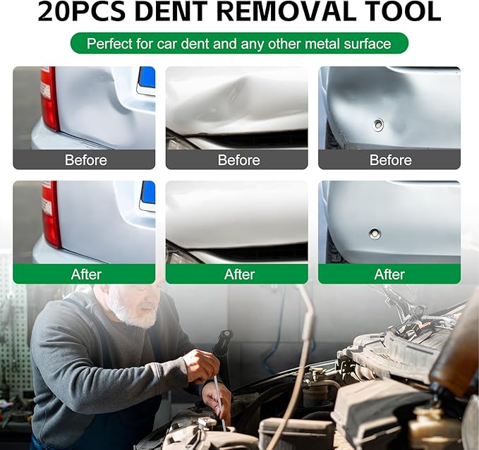Rods Dent Removal Kit, 20 pcs Car Dent Repair Rods, Paintless Dent Removal Kit, Car Body Dent Repair Tool for Door Dings, Minor Dents and Hail Damage (20 pcs with 10 rods)