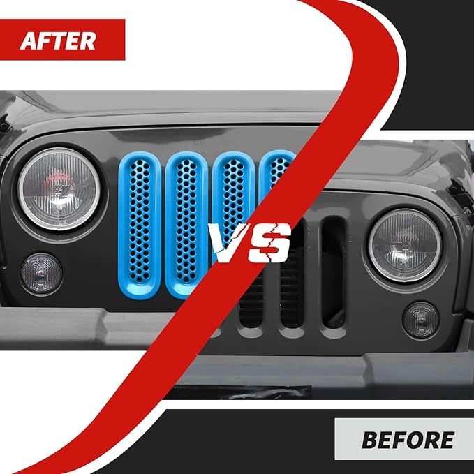 Front Grille Inserts Grill Mesh Clip-on Trim Covers Exterior Accessories Compatible with Jeep Wrangler JK & JKU 2007-2017,Light blue