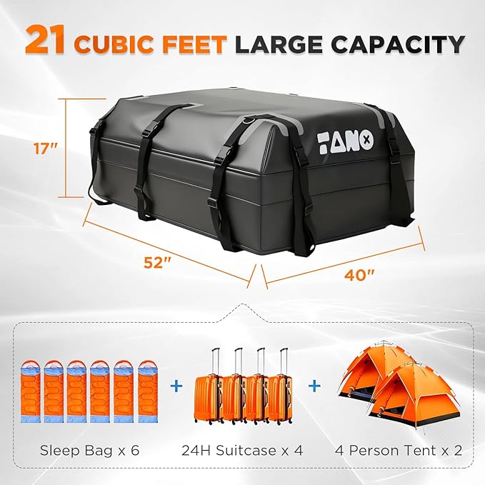TANX Car Roof Bag - 21 Cubic Feet Rooftop Cargo Carrier, 100% Waterproof for All Cars with/Without Roof Rack, Includes Anti-Slip Mat, 12 Reinforced Straps, 6 Door Hooks, Luggage Lock & Storage Bag