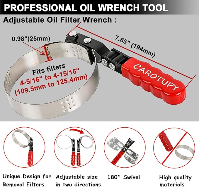 Large Oil Filter Wrench, Oil Filter Removal Tool Fits Filter from 4-5/16" to 4-15/16" for Oil Change