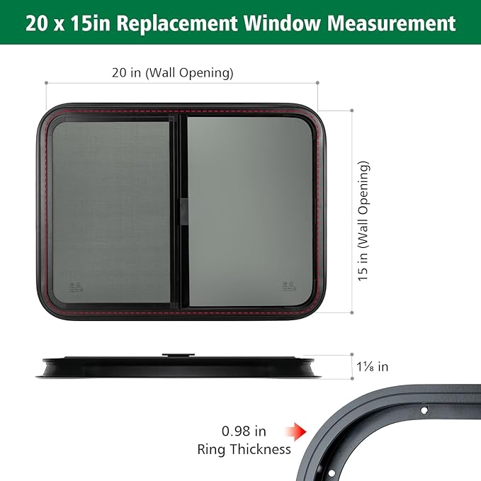 Dulepax Horizontal RV Window, 20" W x 15" H Tinted Slide Trailer Window, Tempered Glass Camper Window Replacement with Net Screen and Trim Ring, DOT Approved