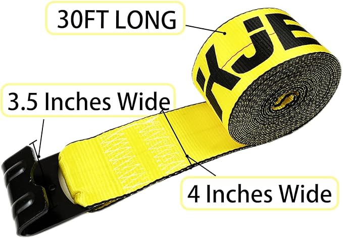 KJE Winch Straps 4" x 30' Yellow Heavy Duty Tie Down w/Flat Hooks Flatbed Trailer Strap WLL# 5,500 lbs | 4 Inch Cargo Control for Flatbed Truck(2 Pack)