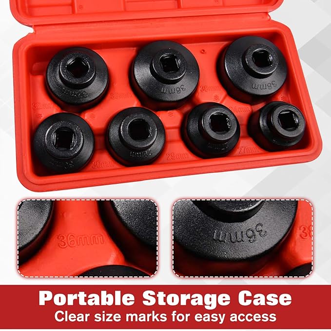 7-Piece Oil Filter Socket Set, 3/8" Drive Low Profile Oil Filter Cap Wrench Socket Set | 24mm, 27mm, 29mm, 30mm, 32mm, 36mm, 38mm | Aluminum Alloy, 6-Point Design, Storage Case Included