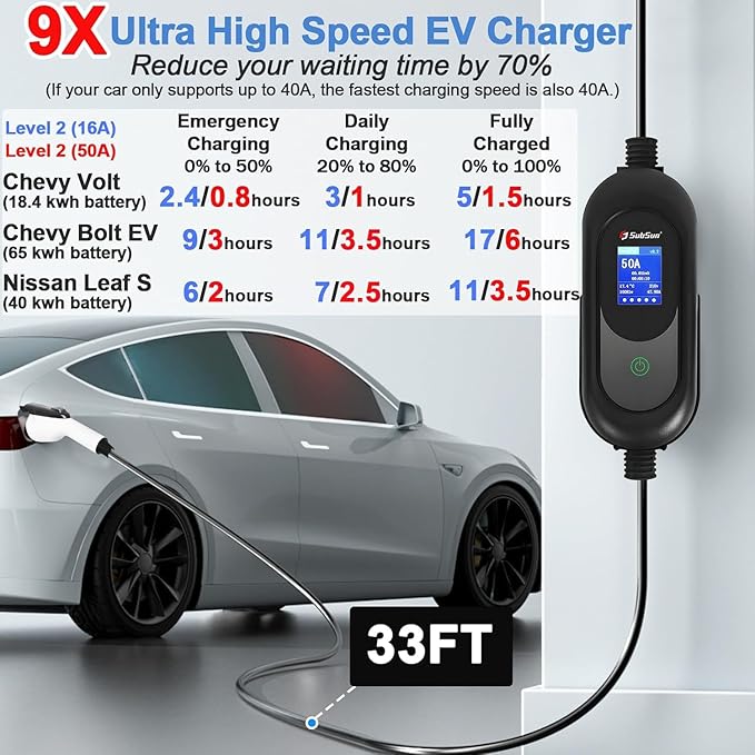 SubSun Universal Portable Level 2 EV Charger 50Amp 240V Electric Car Charger for All North American EVs Includes J1772, 33FT EV Charging Cable