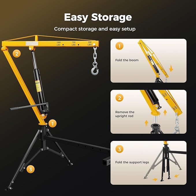 1000lbs Receiver Hitch Mounted Hydraulic 360° Swivel Truck Crane with 3 Boom Capacity Options: 500lbs, 750lbs, 1000lbs. Ideal for Workshops, Construction, Agriculture, and Logging,Yellow