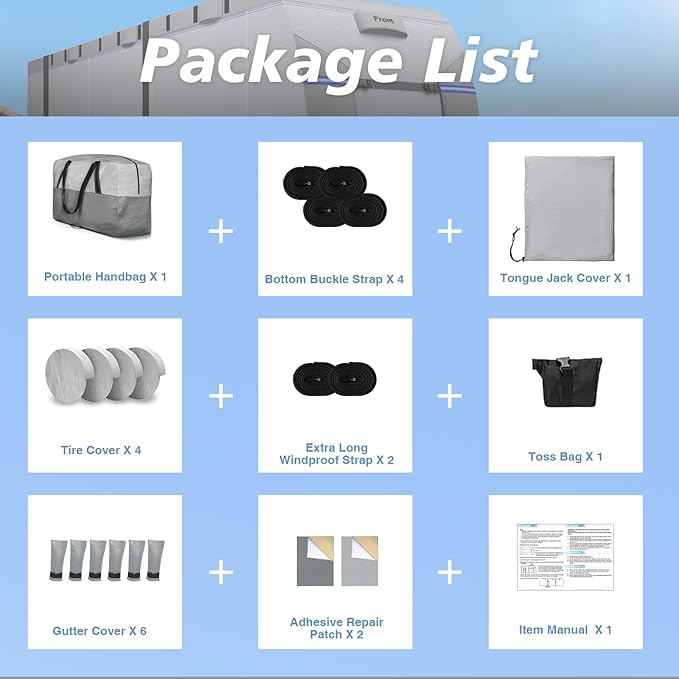 RV Cover 30-33ft, Heavy Duty 7 Layers Travel Trailer Cover, Rip-Stop Camper Cover with Windproof Straps, 4 Zippered Access Panels Design, Carry Bag, 4 Tire Covers, Gutter & Tongue Jack Covers