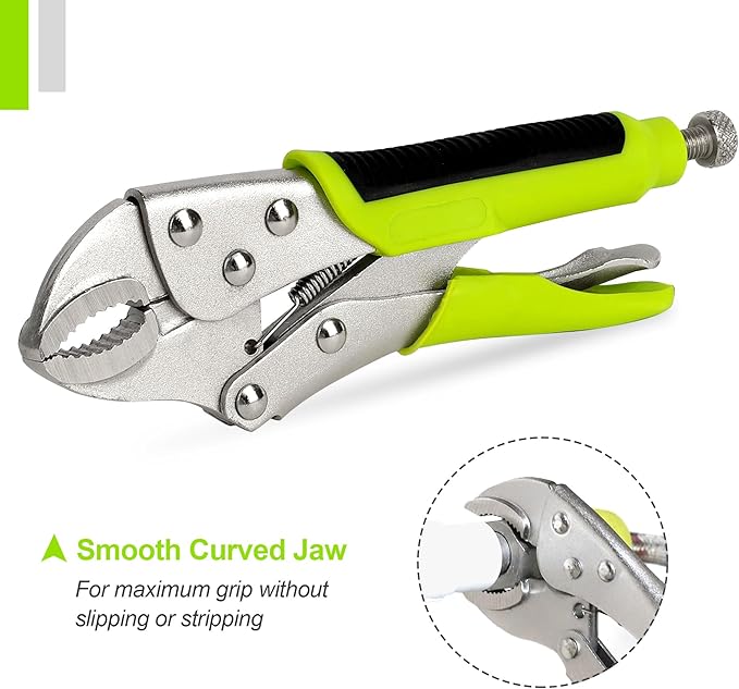 FASTPRO 4-Piece Locking Pliers Set with Heavy Duty Grip, 5", 7" and 10" Curved Jaw, 6-1/2" Long Nose Locking Pliers Included, Vise Grip Wrench Set, Green