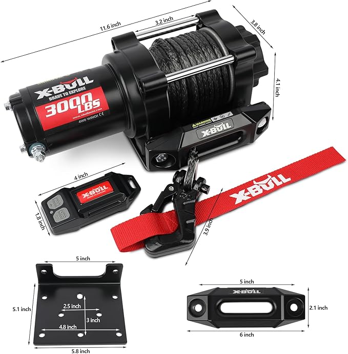 X-BULL New 12V DC 3000LBS IP68 Waterproof Electric Winch for Towing ATV/UTV, Boat, Off Road, Wireless Remote and Corded Control Recovery, Portable Synthetic Rope Electric Winch with Hawse Fairlead.