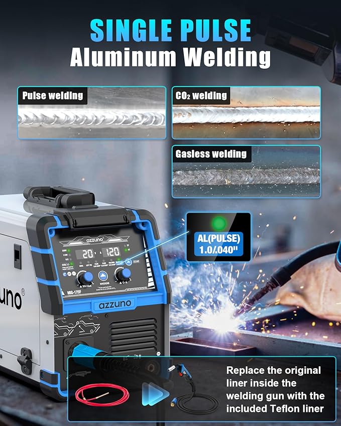 AZZUNO Single PULSE Aluminum MIG Welder Machine 175Amp, 110V 220V 5-in-1 Multiprocess Welding Machine with PULSE Aluminum MIG/Flux MIG/Gas MIG/Stick/Lift TIG Welding, Wire Feed Welder