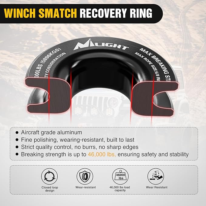 Nilight Synthetic Soft Shackle & Recovery Ring Kit 1/2inch x 24inch Soft Shackle (56,000 LBS Breaking Strength) with Snatch Ring (46,000 LBS MBS) for 4x4 Truck SUV ATV Off Road, 2 Years Warranty