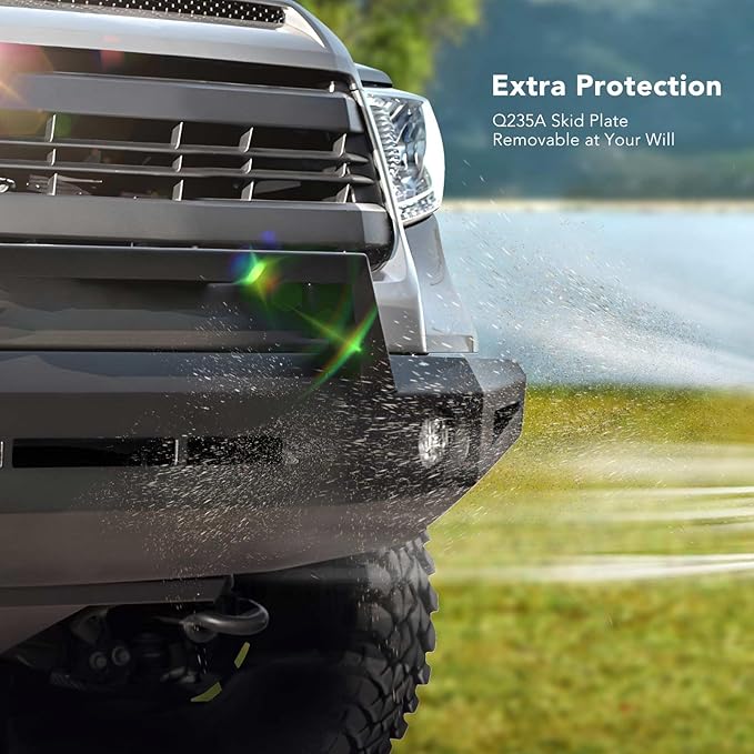 YHTAUTO Bull Bar Push Bar with Skid Plate Light Mount Fit Toyota Tundra 2014-2021, Heavy Duty Steel Brush Guard for Truck Front Bumper w/o Winch Frame Textured Black Off Road Accessories