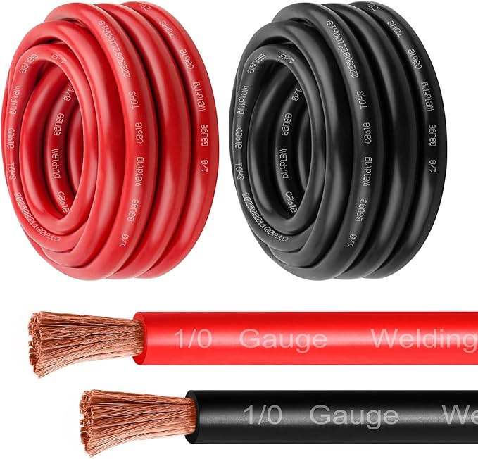 1/0 Gauge Battery Cable - 3FT Red + 3FT Black 1/0 AWG Welding Cable Flexible Stranded Oxygen-Free Pure Copper Wire for Automotive, Battery, Inverter, Solar, Marine and Generator