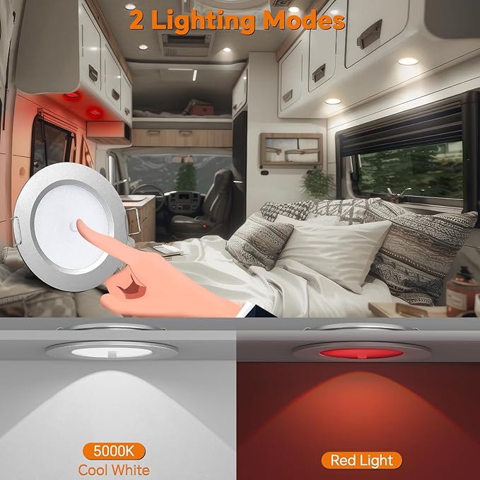 3" LED 12V Push Lights w/Built-in Switch Interior Bi-Color 12 Volt Red LED Puck Light Full Aluminum RV Dimmable Flush Mount Light for Camper, Boat, Trailer 4Pcs (Silver, Cool White)