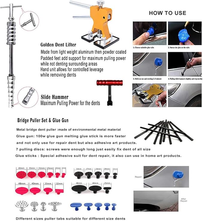 WHDZ Paintless Dent Repair Rods Kit Tools Repair Hammer LED Double Stripe Line Board 21pcs Rods for Car Auto Dent Hail Damage Removal Kit