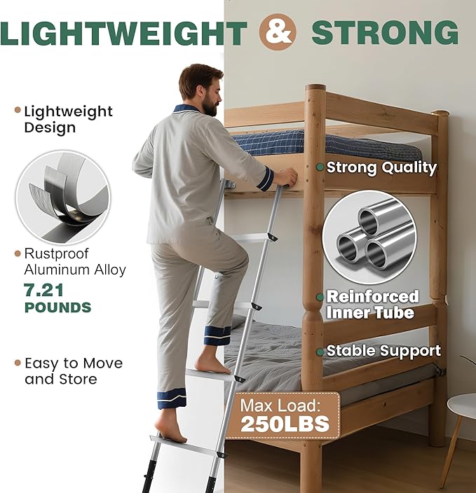 Pre-Assembled RV Bunk Ladder,3 Height Options (59.5"/60.5"/61.5"), Heavy Duty Bunk Bed Ladder with 4 Wider Anti-Slip Steps & Flexible Hooks,for 57.5"-59.4" Bed,Fits RV,Camper,Dorms & Kids Rooms