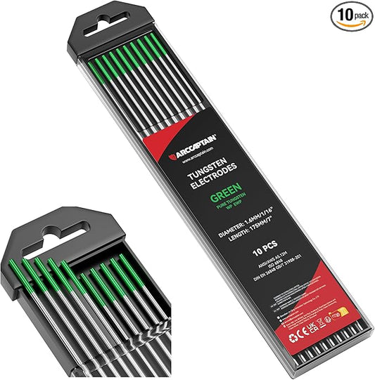 ARCCAPTAIN TIG Welding Tungsten Electrode 10-Pack 1/16"x 7"(Green - Pure Tungsten, WP, EWP)