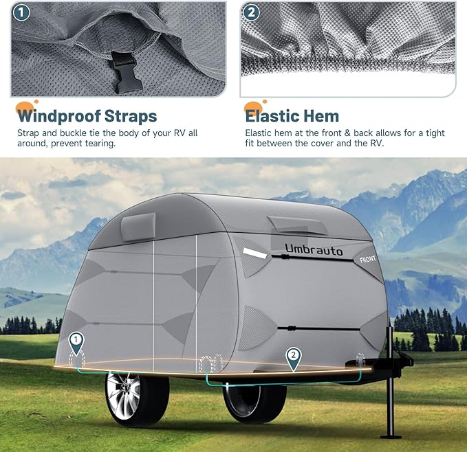 Umbrauto Teardrop Travel Trailer Cover Fits 12'-15' Trailers, 7 Layers Top Heavy Duty Waterproof Camper Cover with Windproof Strap for R-Pod Trailers, Clamshell Trailers