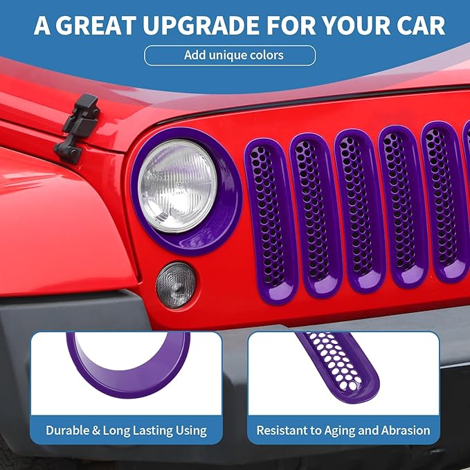 for Jeep JK Front Grille Inserts & Headlight Cover Trim Ring for Jeep Wrangler JK JKU 2007-2017 Purple Exterior Accessories 9pcs