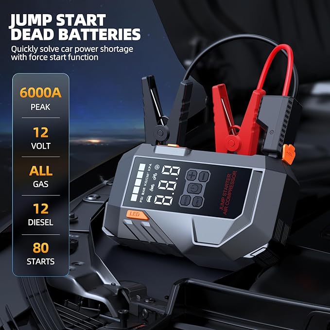 Jump Starter with Air Compressor, 6000A 160PSI Portable Car Battery Jump Starter (All Gas/12L Diesel), 12V Jump Box Car Battery Jump Starter Portable with Smart Jumper Cables, LED Light, LCD Display