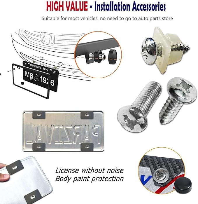 BGGTMO License Plate Frame Carbon Fiber- Black Aluminum Car Tag Frame Holder Printed Carbon Pattern with Rust Proof License Plate Screws and Black & Chrome Caps