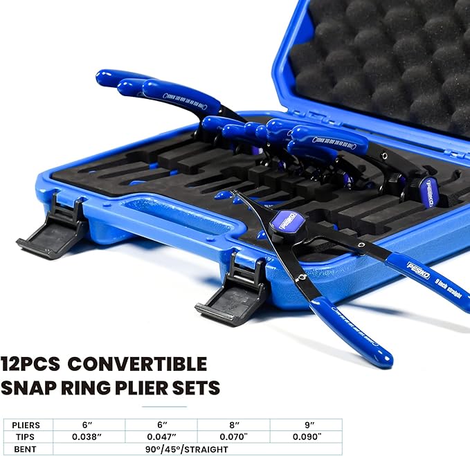 12-Piece Snap Ring Pliers Set Heavy Duty, Internal External Convertible Fixed Tip Snap Ring Pliers 0.038in 0.047in 0.070in 0.090in