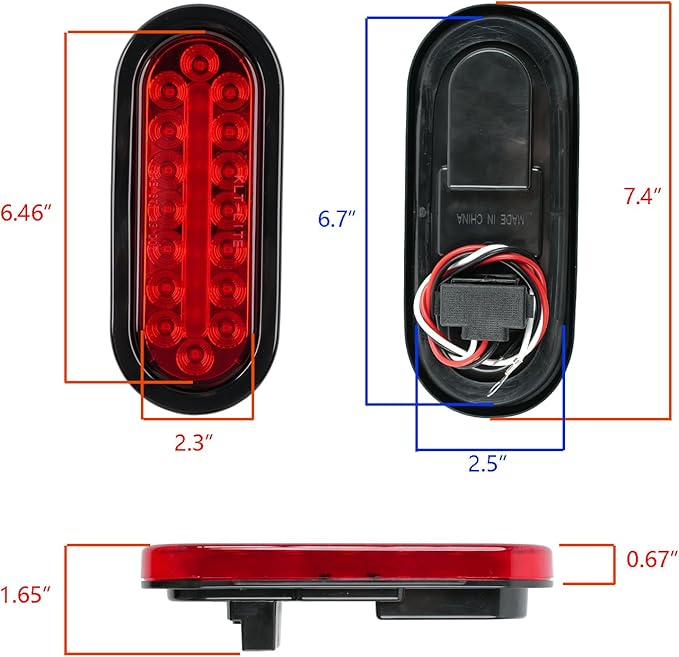 2Pcs 6" Oval LED Red Tail Trailer Light 24LEDs, IP65 Waterproof, Stop Brake Turn Signal Reverse marker, Surface Mount, For Bus Lorry Camper Boat Bus Truck RV Pickup Golf Cart Motorcycle