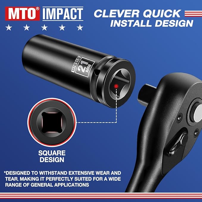 MTO 1/2" Drive 21mm Deep Impact Socket, 6-Point Metric Socket for Automotive Maintaince, CR-V Steel Meets ANSI Standards