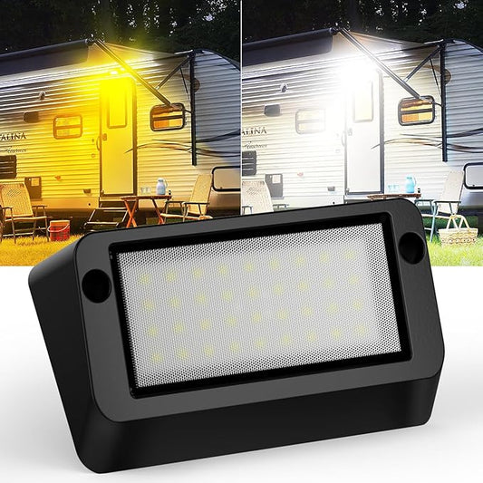 Safoner Heavy-Duty Aluminum RV Porch Light- Rustproof Exterior LED Lamp, IP67 Waterproof, Dual Color Amber & White, 1400LM, 12V-30V Compatible for Outdoor RVs & Trailers (Black Housing)- 1 Pack