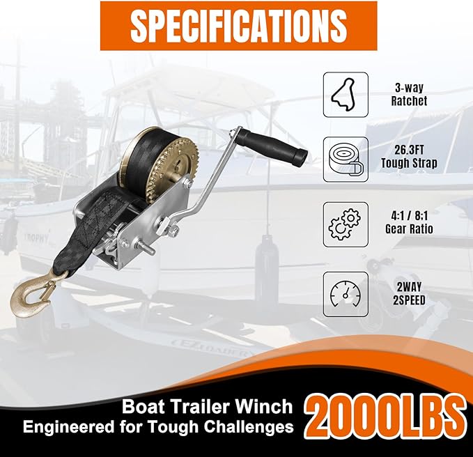 Hand Winch, 2000 lbs Pulling Capacity, Boat Trailer Winch Heavy Duty Rope Crank with 26.3 FT Polyester Strap, Manual Operated Hand Crank Winch for Trailer, Boat or ATV Towing