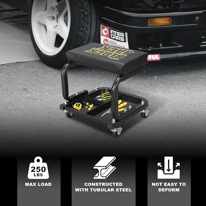 Torin 250lb Rolling Automotive Creeper Garage/Shop Seat: Padded Mechanic Stool with Tool Large Tray Suitable for garages, Repair Shops,Black