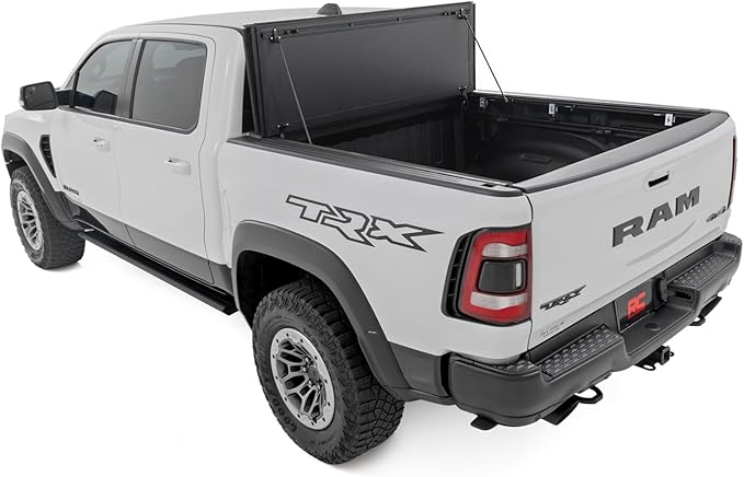 Rough Country Hard Tri-Fold Flip Up Truck Bed Tonneau Cover for Dodge Ram 1500 (2019-2025) TRX (2021-2025) - Flush Aluminum Bed Cover, Fits 5'7" (66.7") Bed