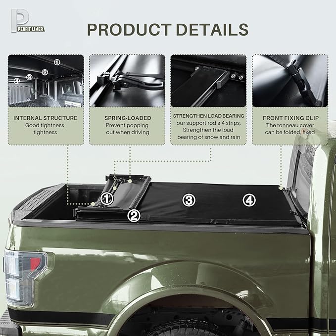 Perfit Liner 6.8 FT (82") Bed Soft Quad-Fold Tonneau Cover for 1999-2024 Ford F-250 F-350 F-450 Super Duty Styleside/Fleetside Truck Cargo Topper, Softtop, 4-Folding (NOT for Flareside/Stepside)