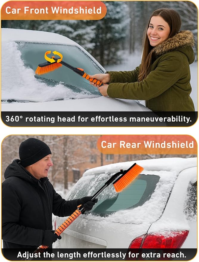 EcoNour 36" Extendable Snow Brush and Ice Scraper | 3-in-1 Telescopic Snow Removal Brush with 360° Rotating Head for Car Windshield | Ice Scraper for SUV, Truck, and Car | Winter Car Accessories
