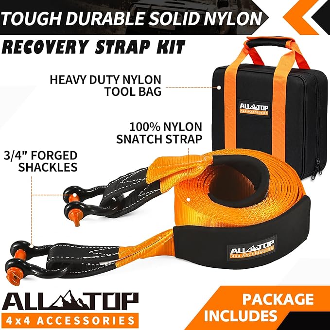 ALL-TOP Extreme Duty Tow Strap Recovery Kit: 4inch x 20ft (46,500lbs) 100% Nylon and 22% Elongation Snatch Strap + 3/4 Heavy Duty D Ring Shackles (2pcs) + Storage Bag