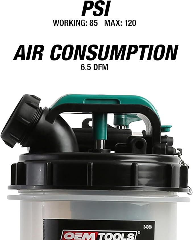 OEMTOOLS 24938 Pneumatic/Manual Fluid Extractor, 2.5 Gallon (9.5L) Oil Extractor Pump, for Coolant, Transmission, and Power Steering Fluid, 2 Dipstick Adapters, 5ft Hose