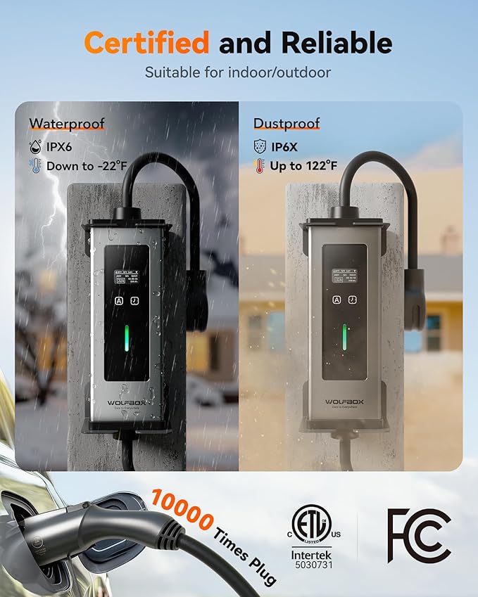 WOLFBOX Level 1&2 Electric car Charger 32Amp J1772,ETL Certified, 25ft Cable,208-240V,Portable ev Charger Station with NEMA 14-50R Plug Adapter(PE32)