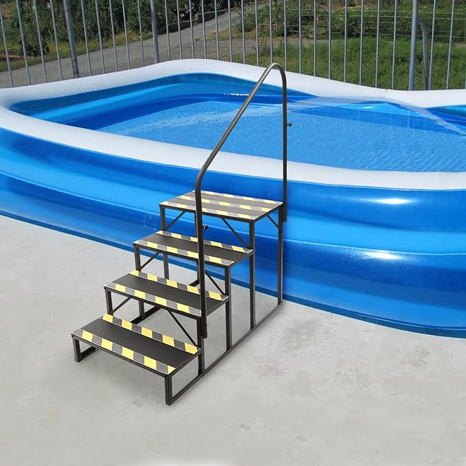 4 Step RV Stairs, Hot Tub Steps, Outdoor Spa Step Ladder with Handrail, Portable Wheel Stair W/Reflective Strips for Travel Trailer, Motor Home, Camper and Porch