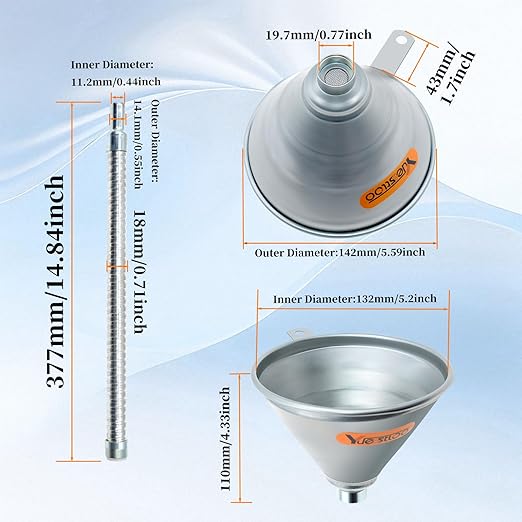 14.84" Steel Bendable Spout Funnel with Filter for All Automotive Oils, Metal Flexible Long Funnels for Automotive Use for Transmission Fluid, Diesel Fuel, and Other Liquids, with Gloves