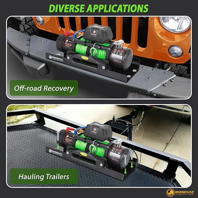 13000lb Electric Winch, Synthetic Rope Green, Battery Disconnect Switch, Low Profile Control Box, 12V, IP67 Waterproof, Wireless Remote, SUV, Truck, Boat Trailer. (RH13000A-G)