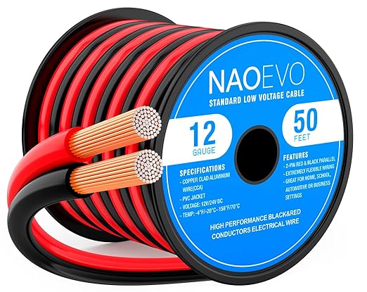 NAOEVO 12 Gauge Wire 50FT, 2 Conductors Electrical Wire Red Black Cable, Flexible/Low Voltage/PVC 12 AWG Copper Clad Aluminum Extension Cord for Speaker, LED Strips, Automotive 12V/24V DC