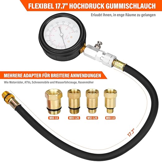 10 Pieces Engine Compression Tester kit with Spark Plug Tester and Metric Imperial Feeler Gauge for Automotives Car Motorcycle Truck with M10 M12 M14 M18 Adapters ﻿