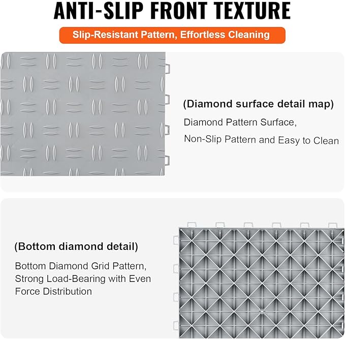 VEVOR Garage Tiles Interlocking, 12 x 12 x 0.53 inch 50 Pack Garage Floor Covering Tiles, Non-Slip Double-Sided Texture Garage Flooring Tiles, for Garages, Basements, Repair Shops, Silver