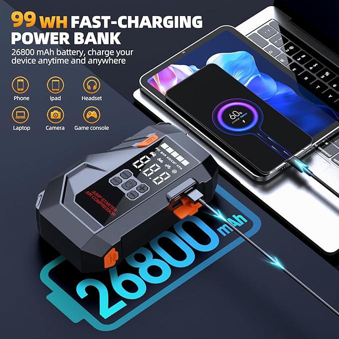 Jump Starter with Air Compressor, 6000A 160PSI Portable Car Battery Jump Starter (All Gas/12L Diesel), 12V Jump Box Car Battery Jump Starter Portable with Smart Jumper Cables, LED Light, LCD Display